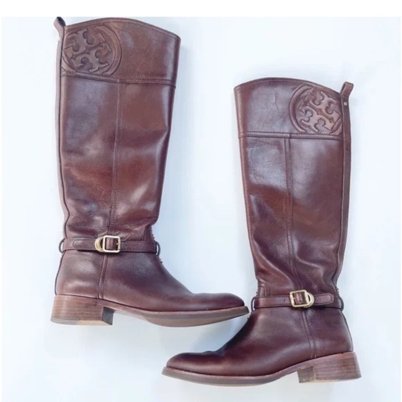 Tory Burch Marlene Riding Boots Brown Leather 9M Gold Buckle Equestrian Tall - Picture 2 of 16